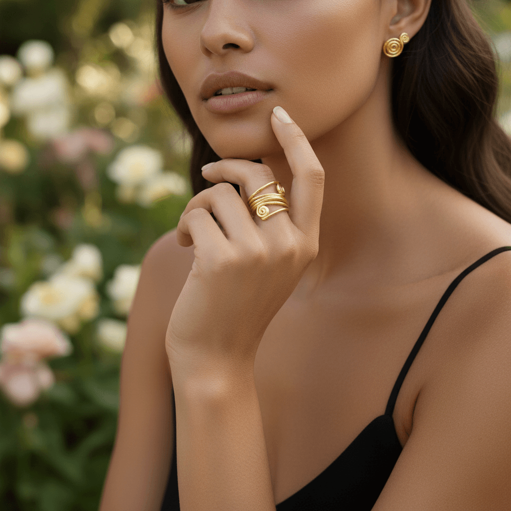 A powerful shot of a model's hands clasped together, with The Oracle Ring prominently featured. Her confident posture and the ring's armor-like presence combine to create an image of undeniable self-assurance.