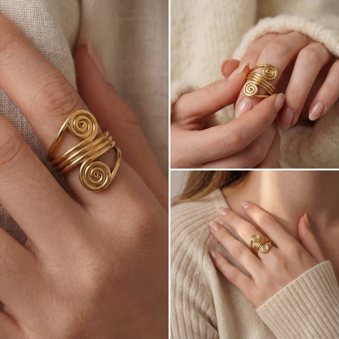 Woman styling gold swirl ring on ring finger minimalist jewelry look.