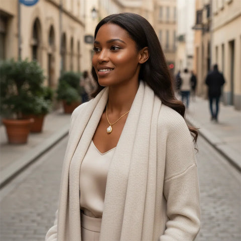 Side view of a model walking, with The Theia Necklace as the perfect, elegant accessory for a polished, on-the-go city style.