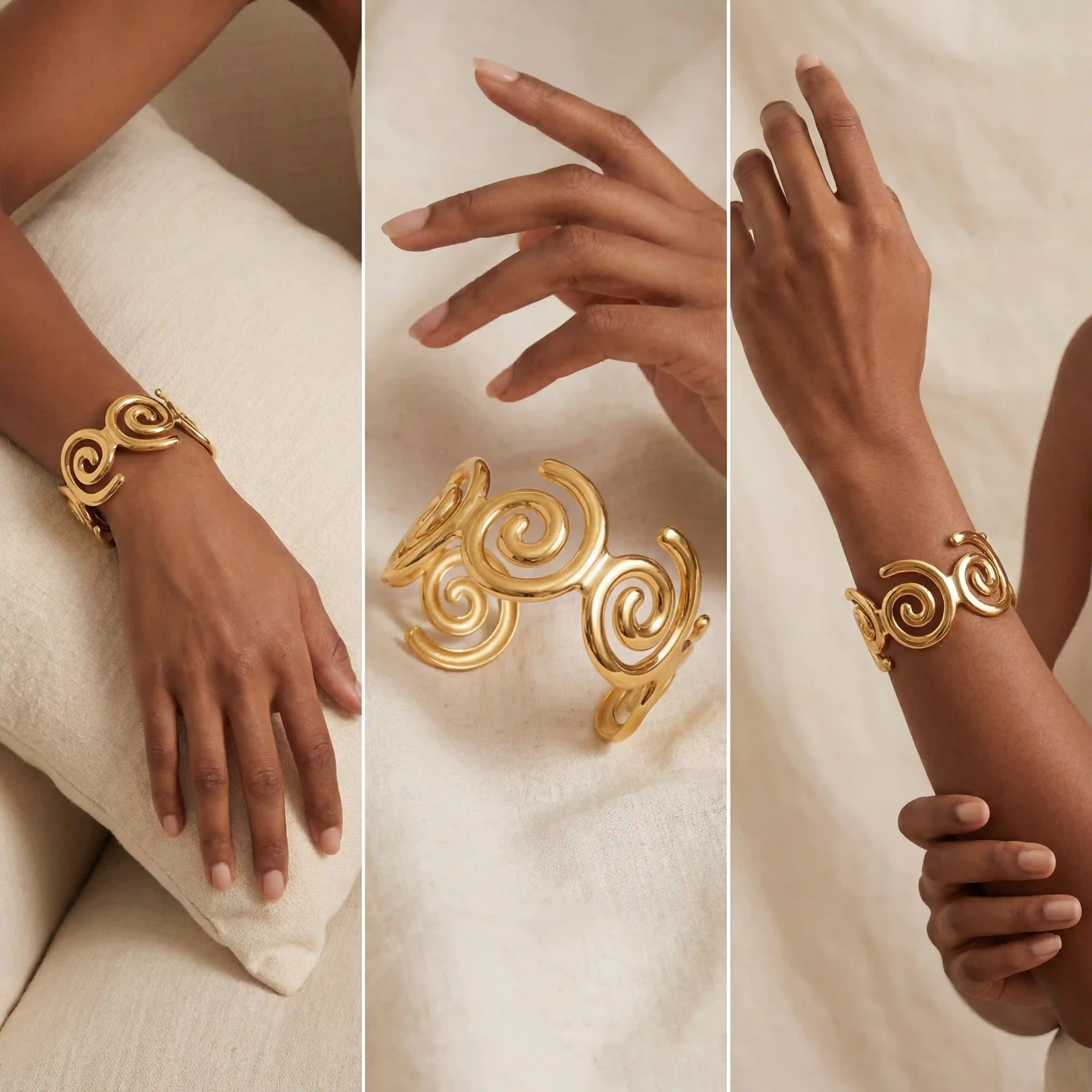 Lifestyle collage of model wearing gold spiral wave bangle on wrist.