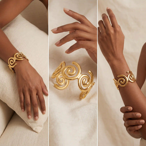 Lifestyle collage of model wearing gold spiral wave bangle on wrist.