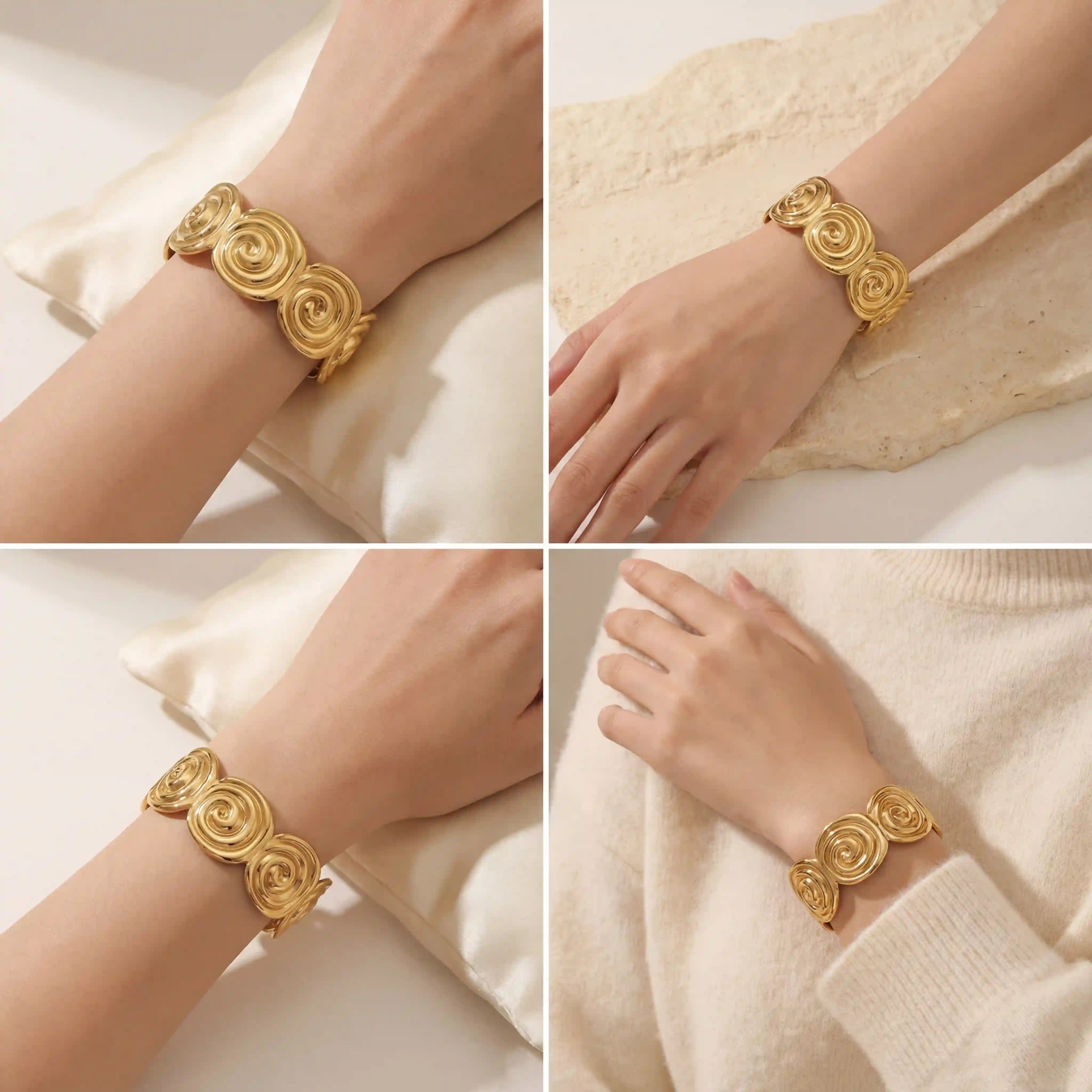 Mood board of abstract gold jewelry styling for everyday wear waterproof.