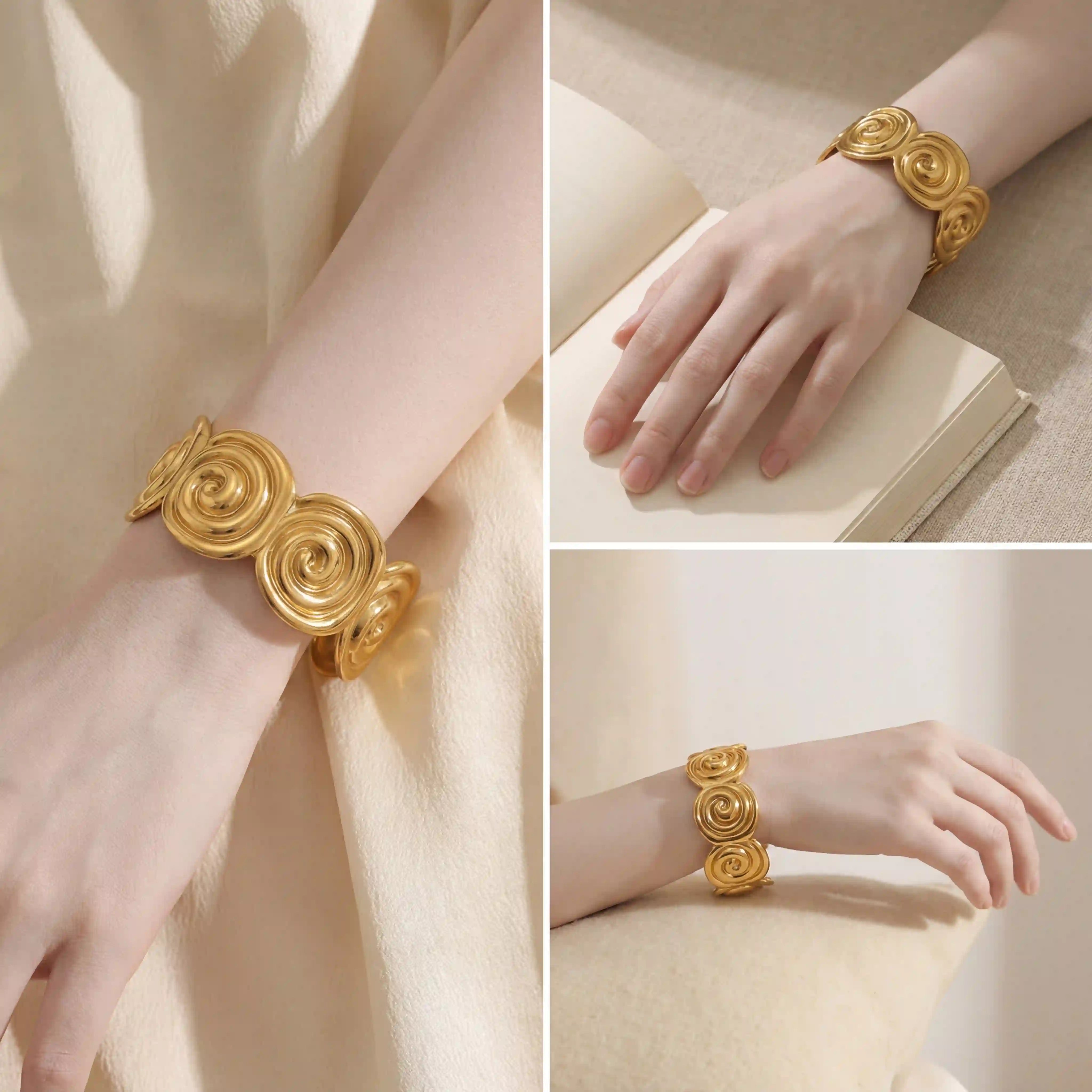 Minimalist fashion collage showing gold spiral cuff from different angles.