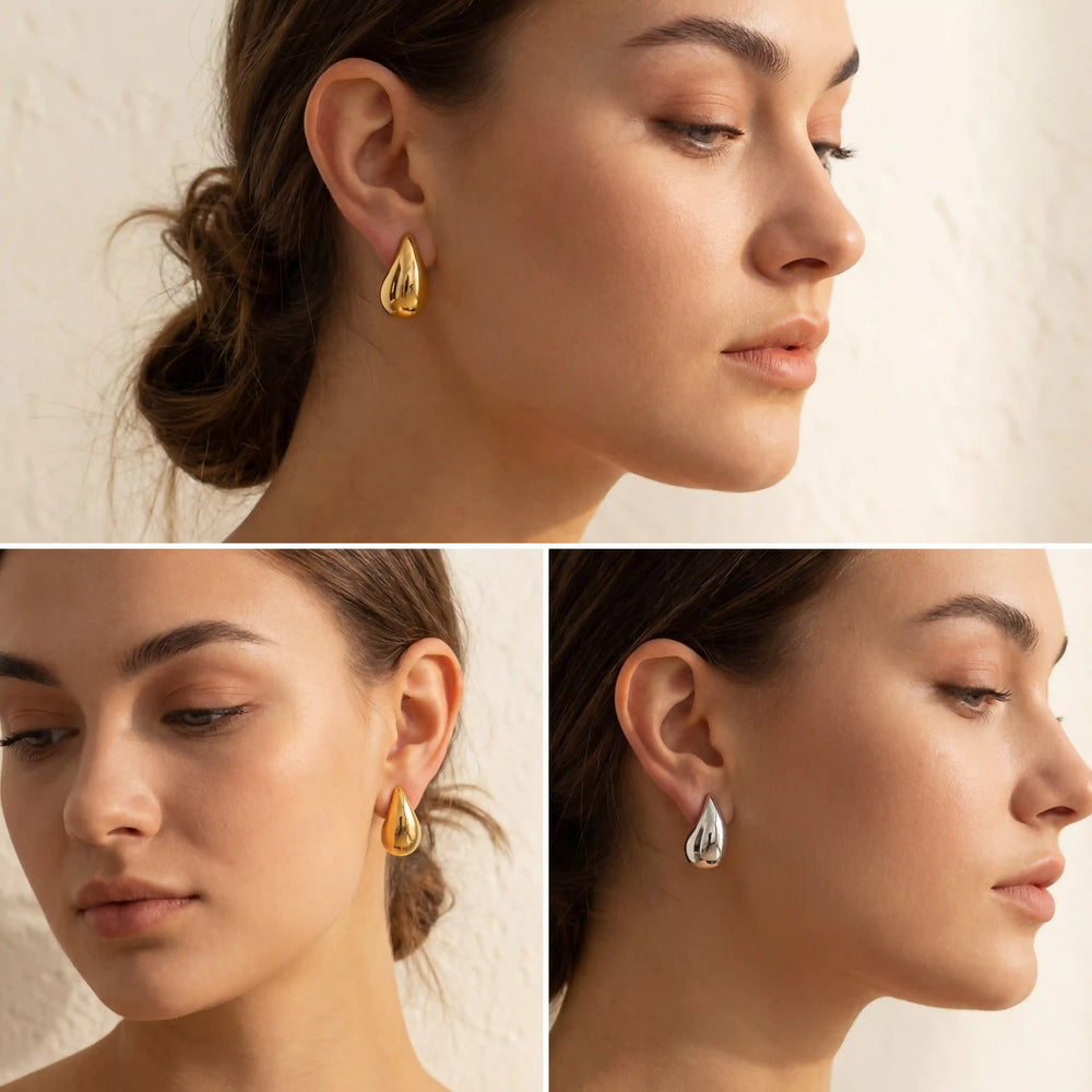 Lifestyle photography collage of blonde woman wearing chunky gold teardrop studs clean girl aesthetic.