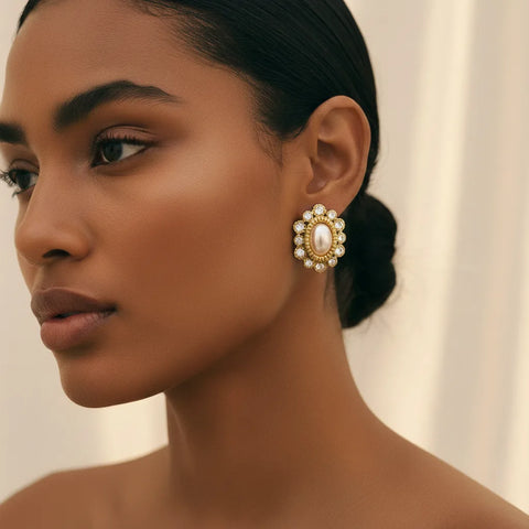 Side profile of a model with glowing, deep skin wearing The Antoinette Earrings, demonstrating the stunning contrast of the pearls and crystals against her complexion.