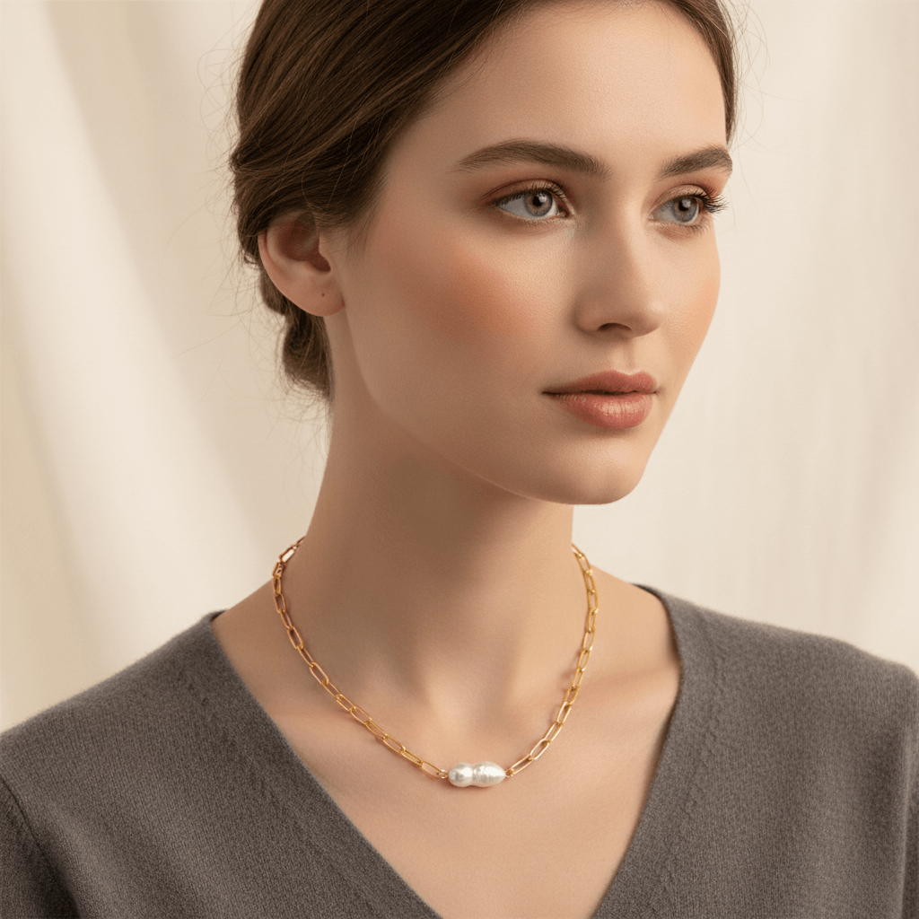 The Aphrodite pearl necklace worn by a model with a grey sweater, demonstrating its versatility and how it effortlessly elevates an everyday outfit.