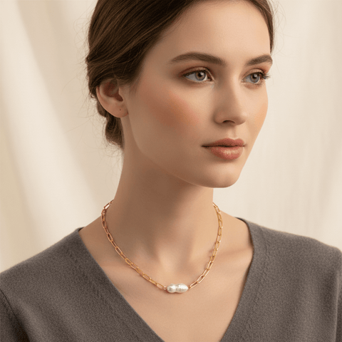 The Aphrodite pearl necklace worn by a model with a grey sweater, demonstrating its versatility and how it effortlessly elevates an everyday outfit.