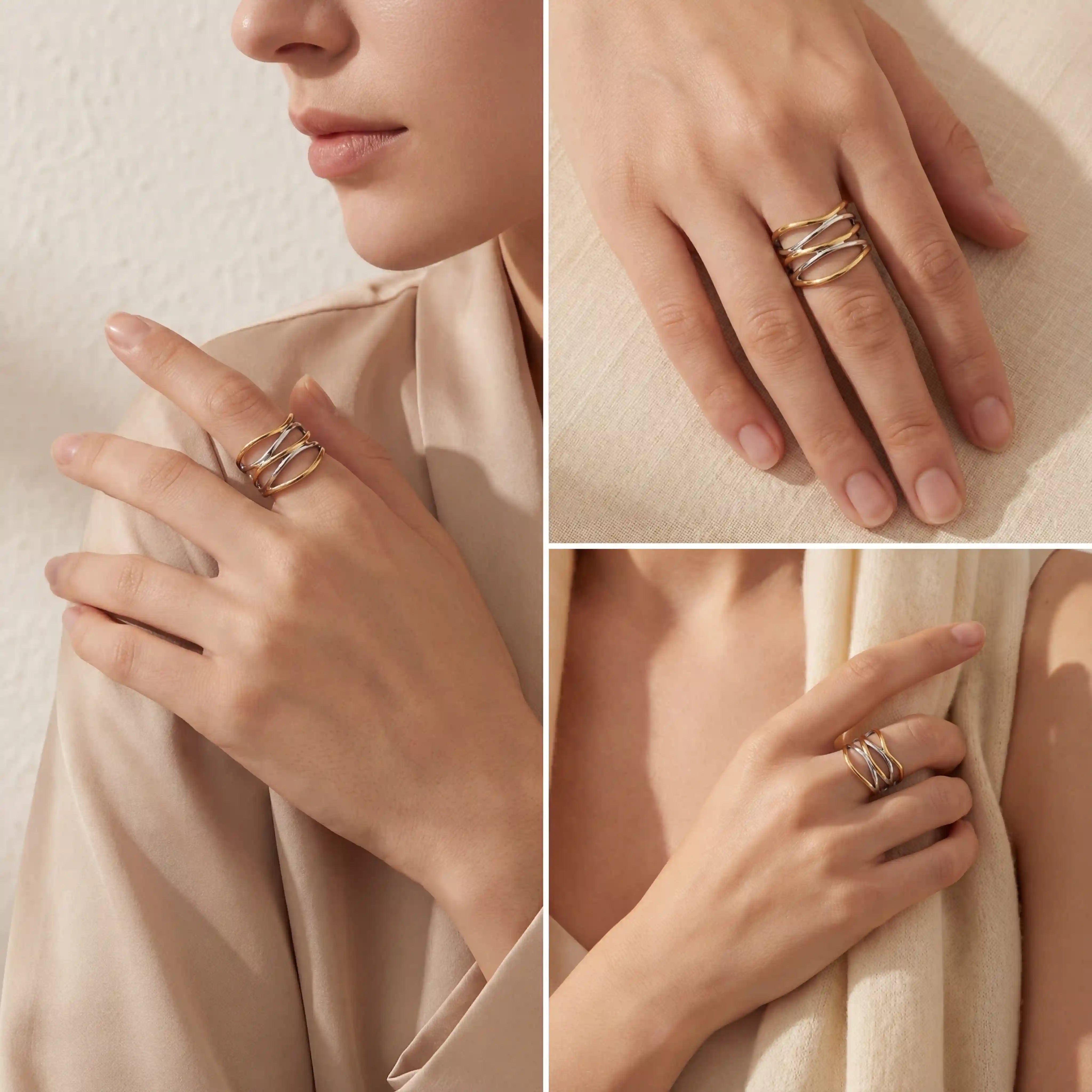 Lifestyle collage of woman wearing wide multi-band statement rings minimalist style.