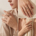 Lifestyle collage of woman wearing wide multi-band statement rings minimalist style.