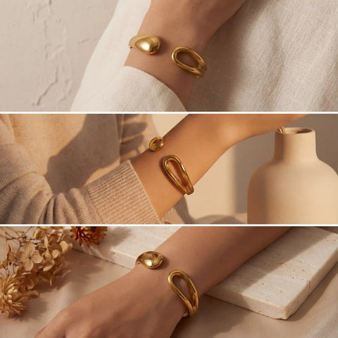 Lifestyle collage of gold organic cuff bracelet in warm golden hour lighting.