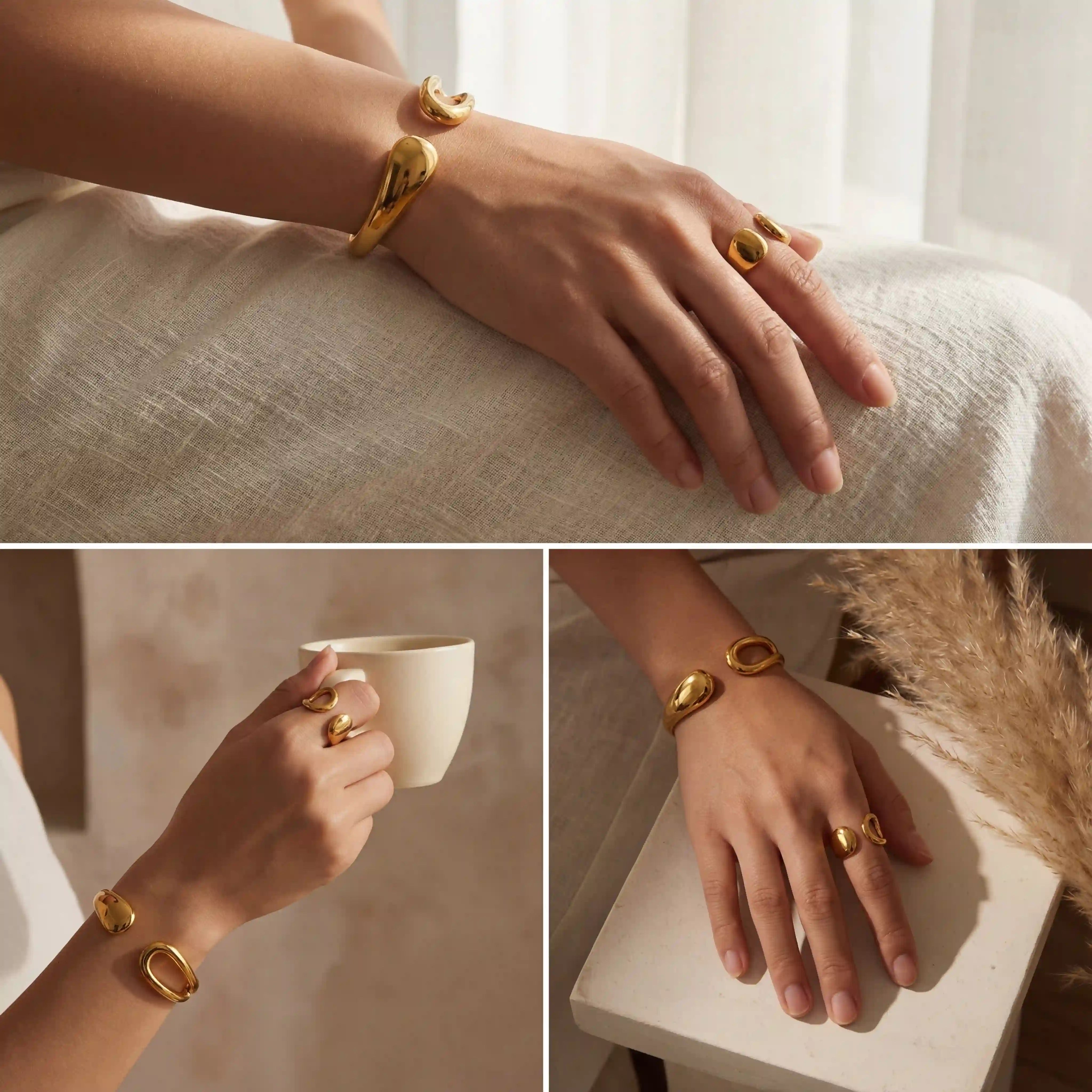 Lifestyle mood board of matching liquid gold ring and bangle set waterproof jewelry.