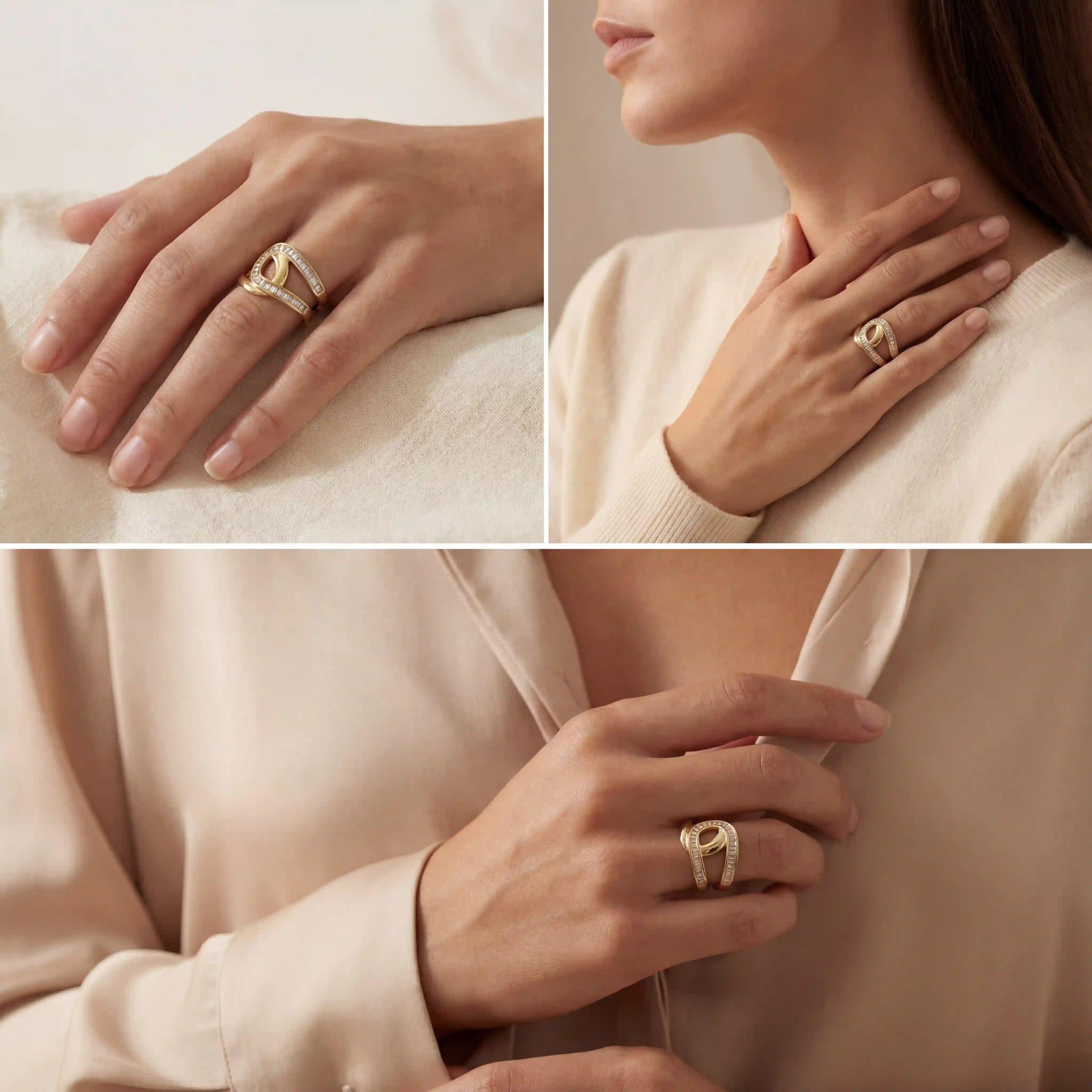 Lifestyle photography of woman wearing wide gold crystal ring office style.