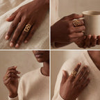 Dark skin model styling gold wavy ring modern jewelry photography.