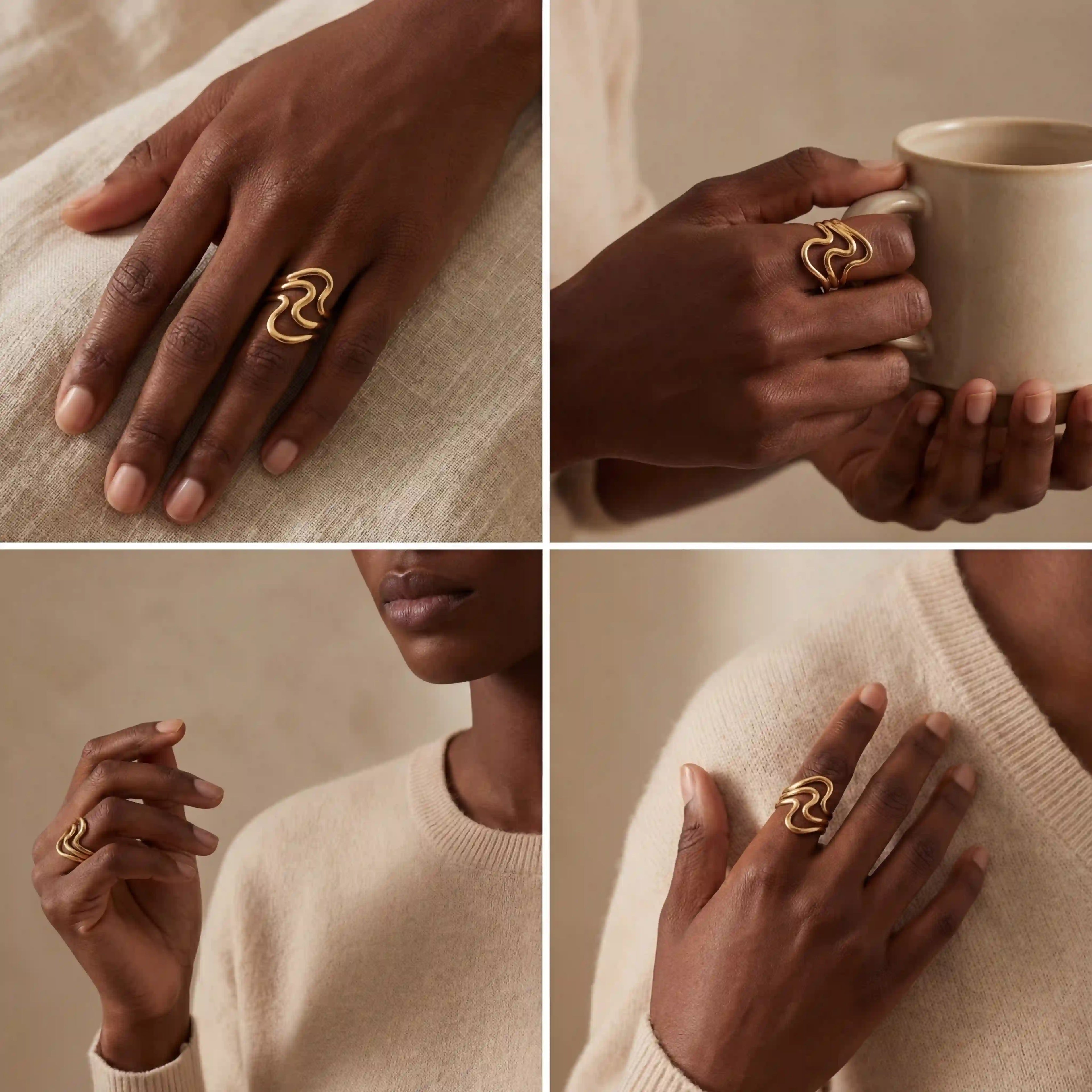 Dark skin model styling gold wavy ring modern jewelry photography.