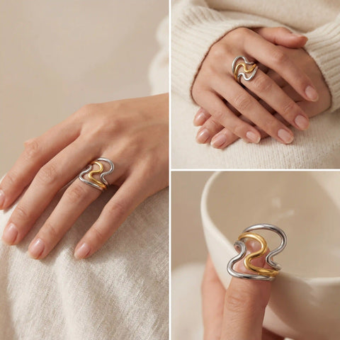 Close up collage of mixed metal ring styling with beige sweater.