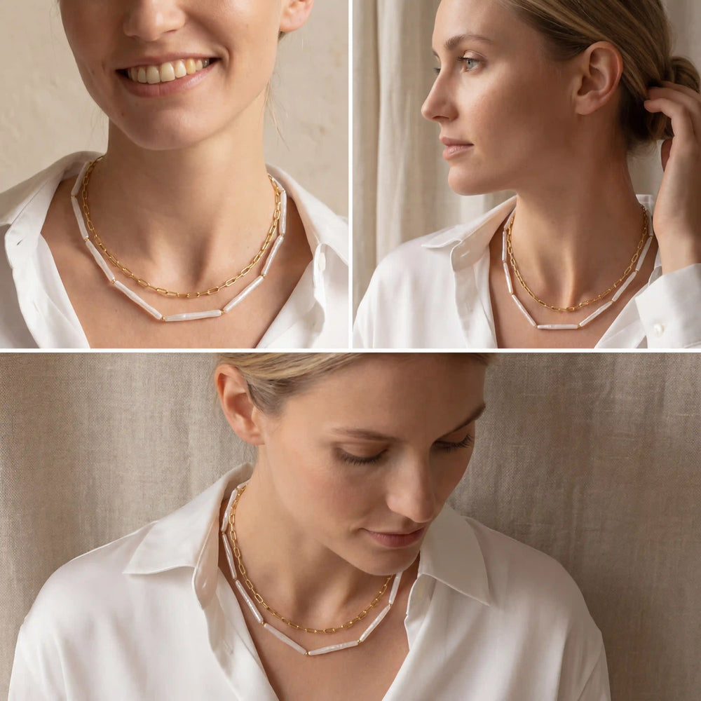 Lifestyle photography collage of blonde woman wearing layered gold and white stone necklace office style.