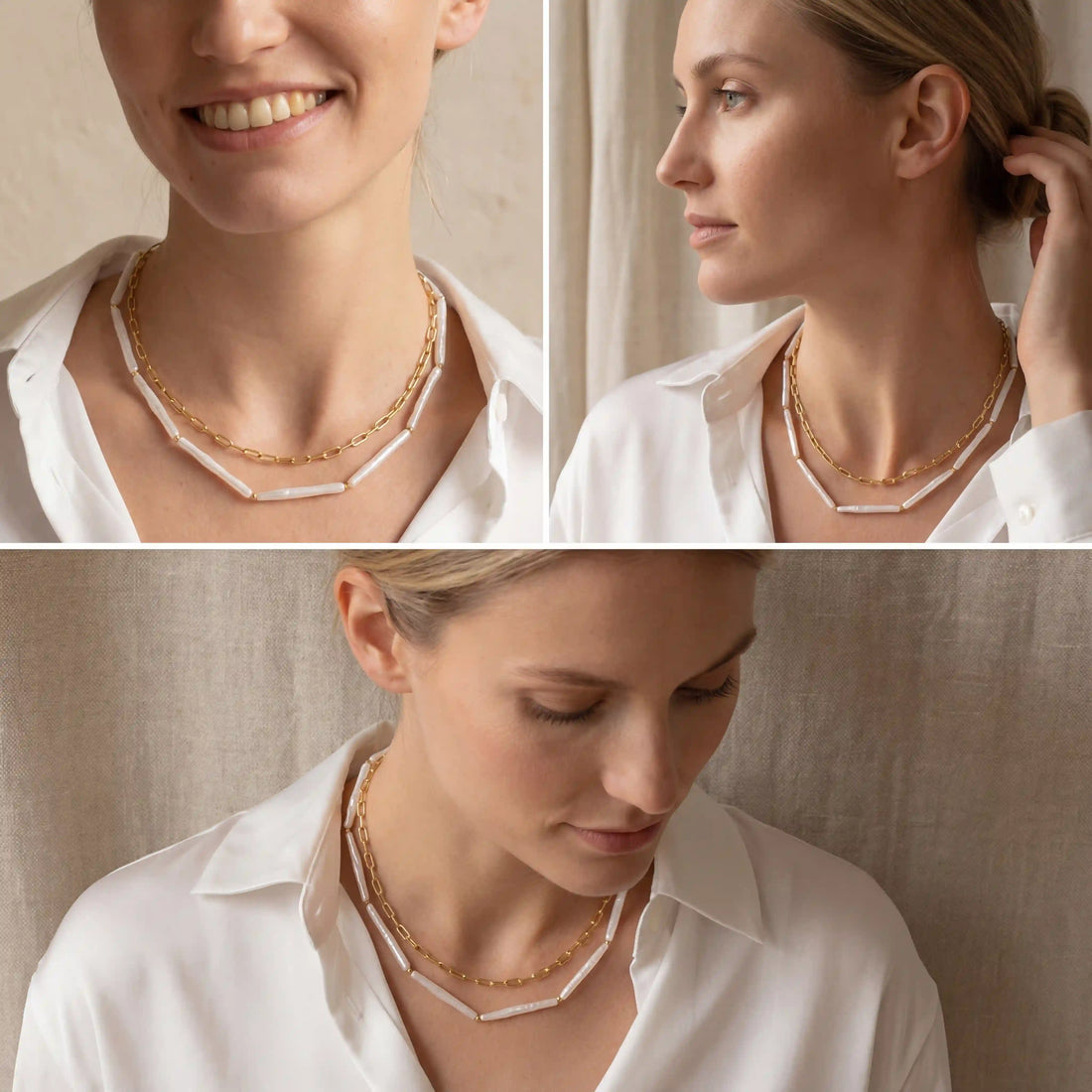 Lifestyle photography collage of blonde woman wearing layered gold and white stone necklace office style.