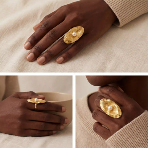 Fashion styling collage of Calypso statement ring on dark skin model vintage vibe.