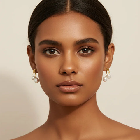 A stunning front-facing portrait of a model, where The Chérie heart-shaped pearl earrings frame her face with a touch of playful, romantic charm.
