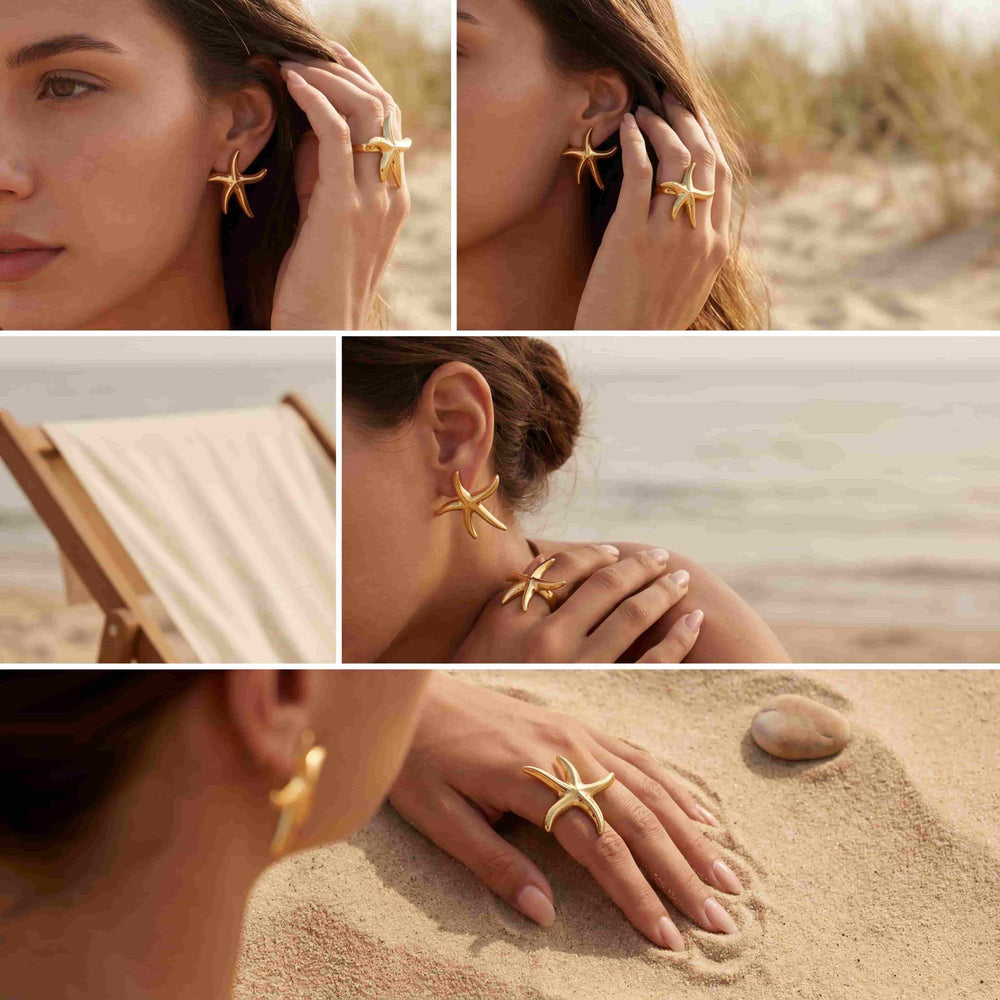 Beach vacation jewelry styling woman wearing gold starfish ring and matching earrings on sand.