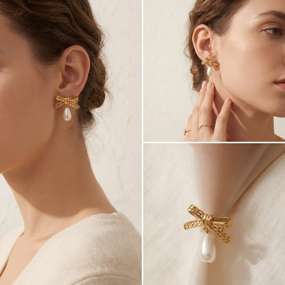 Lifestyle photography collage of woman styling vintage gold bow pearl earrings romantic look.
