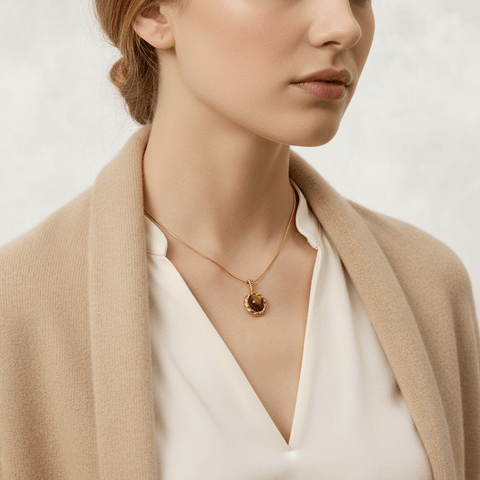 A model wearing the Tiger's Eye necklace stands on a scenic mountain overlook at sunrise, looking towards the horizon. The image conveys a sense of adventure, courage, and facing new beginnings