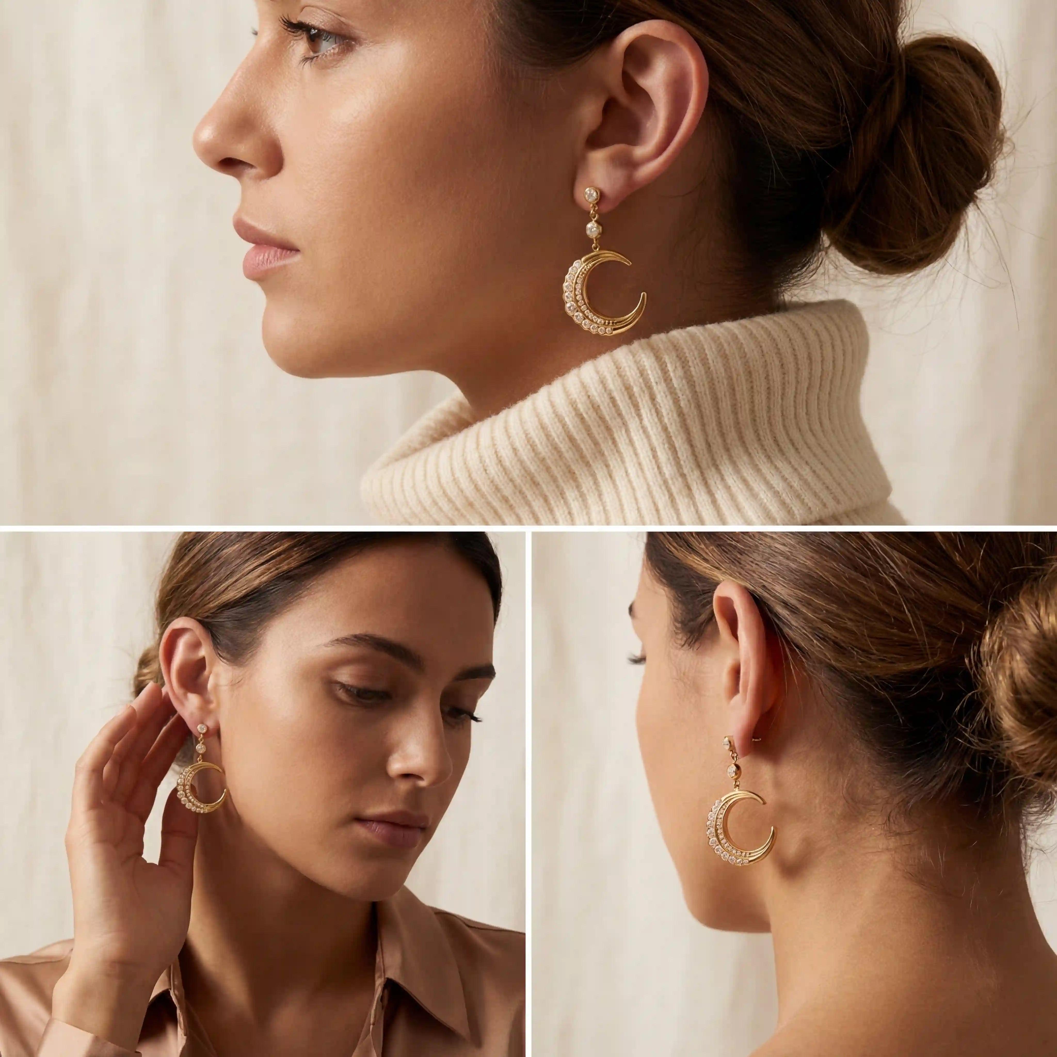 Lifestyle photography collage of woman styling gold crescent moon earrings vintage look.