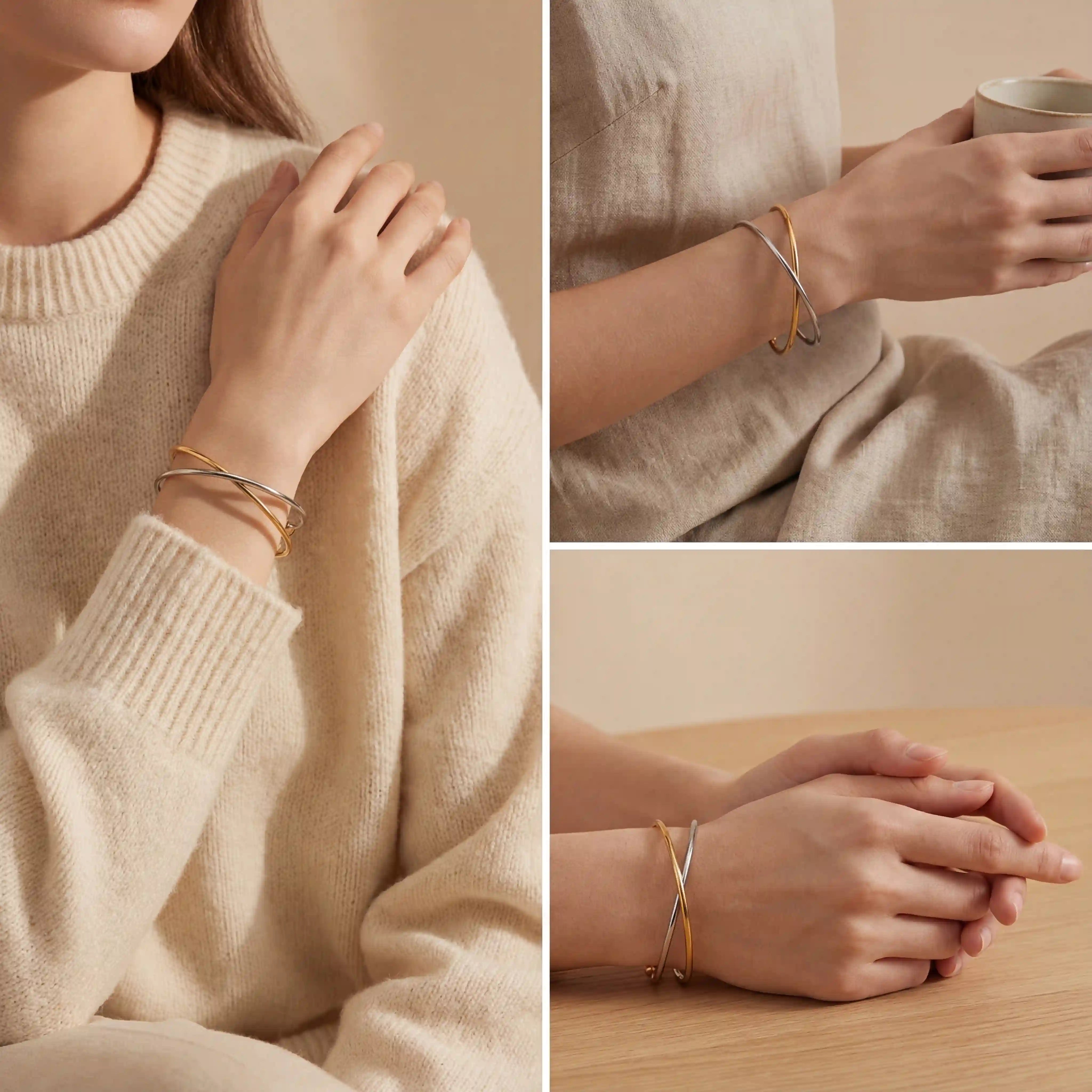 Woman wearing gold wire cuff bangle styled with beige sweater elegant look.