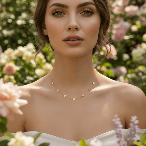 Close-up of a woman wearing the Dainty Bezel Station Necklace, the empty bezel resting on the collarbone.