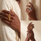 Fashion collage of dark skin model wearing gold cascading chain ring vintage style.