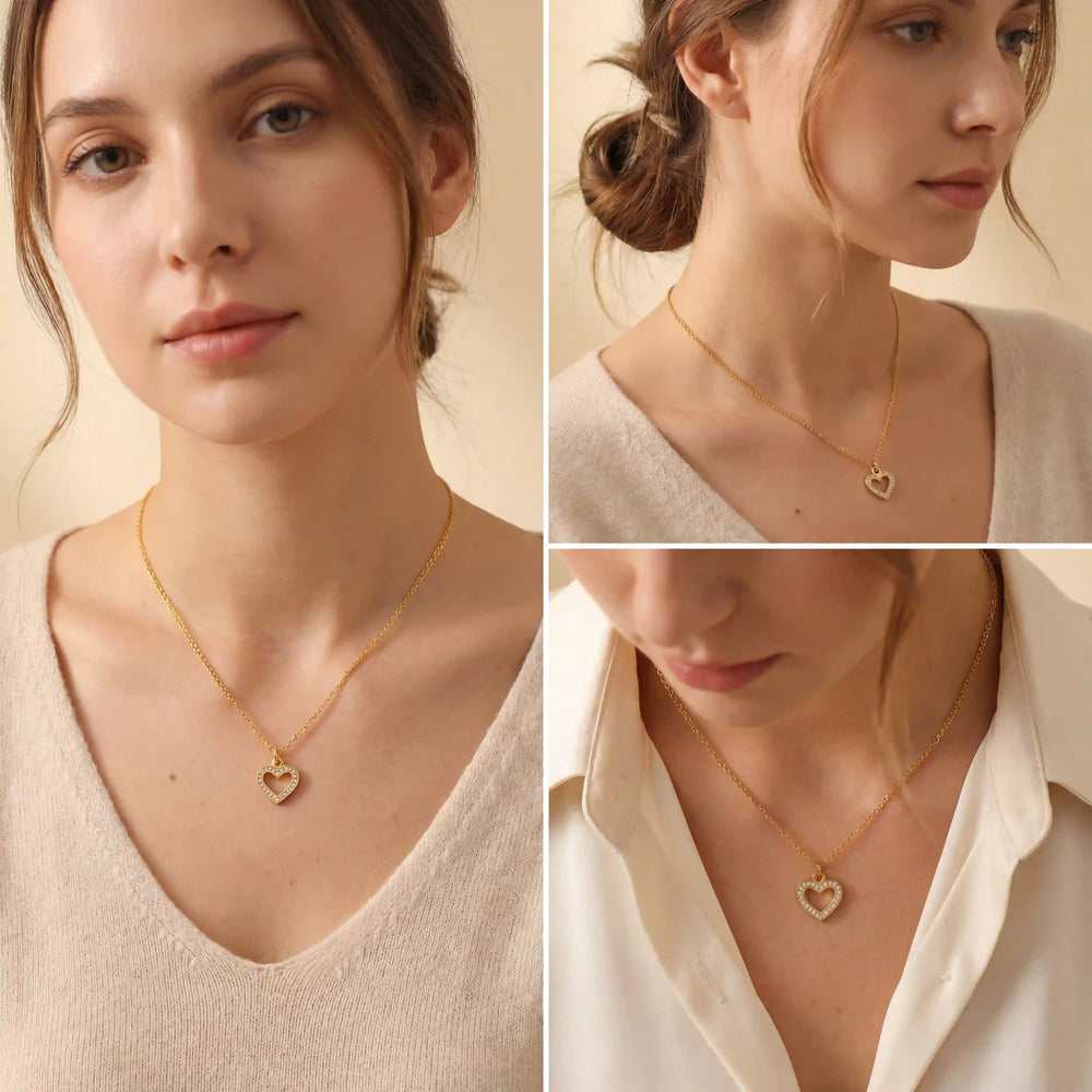 Lifestyle photography collage of woman styling dainty gold heart necklace romantic look.