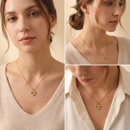 Lifestyle photography collage of woman styling dainty gold heart necklace romantic look.