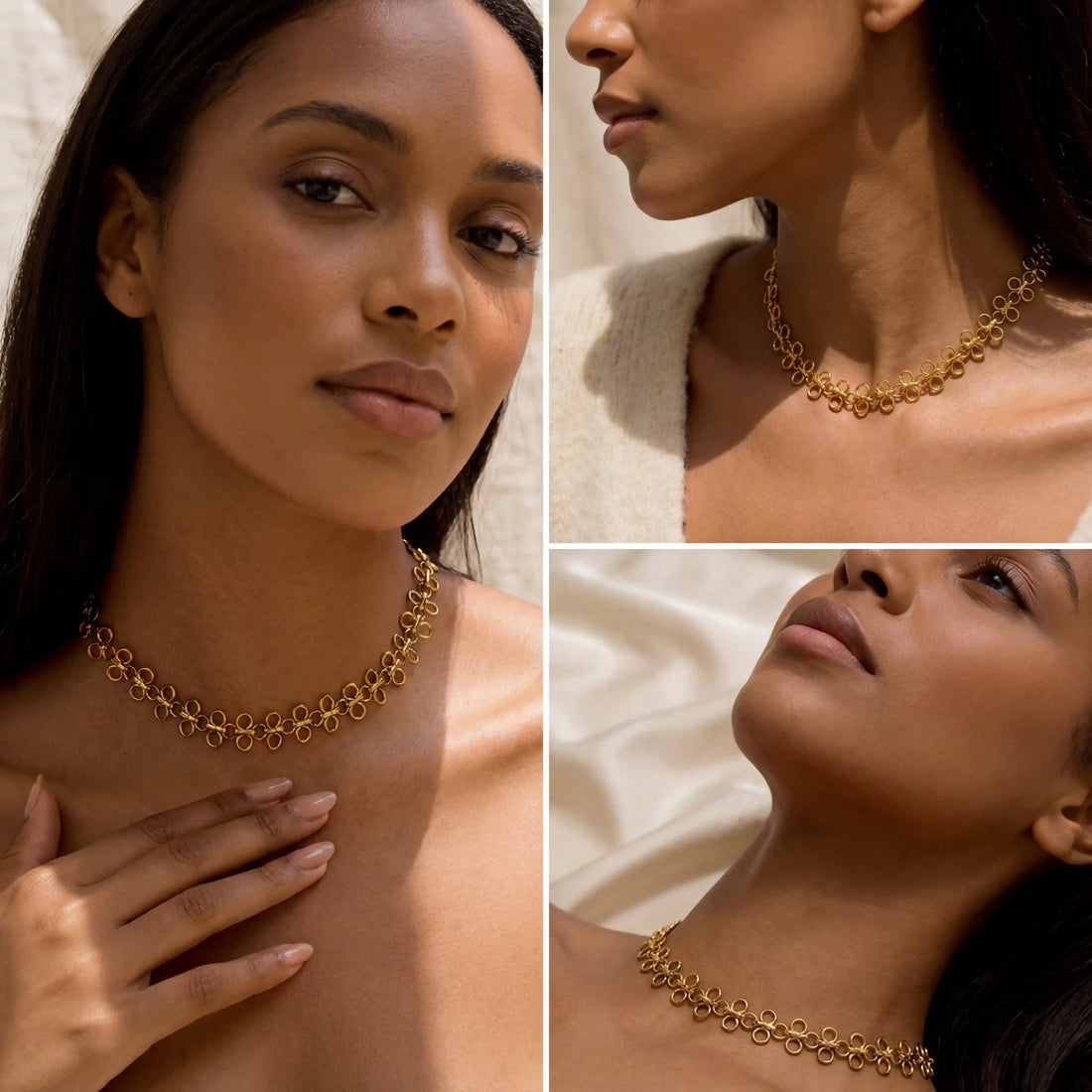 Model with dark skin wearing gold Elodie choker necklace minimalist style.