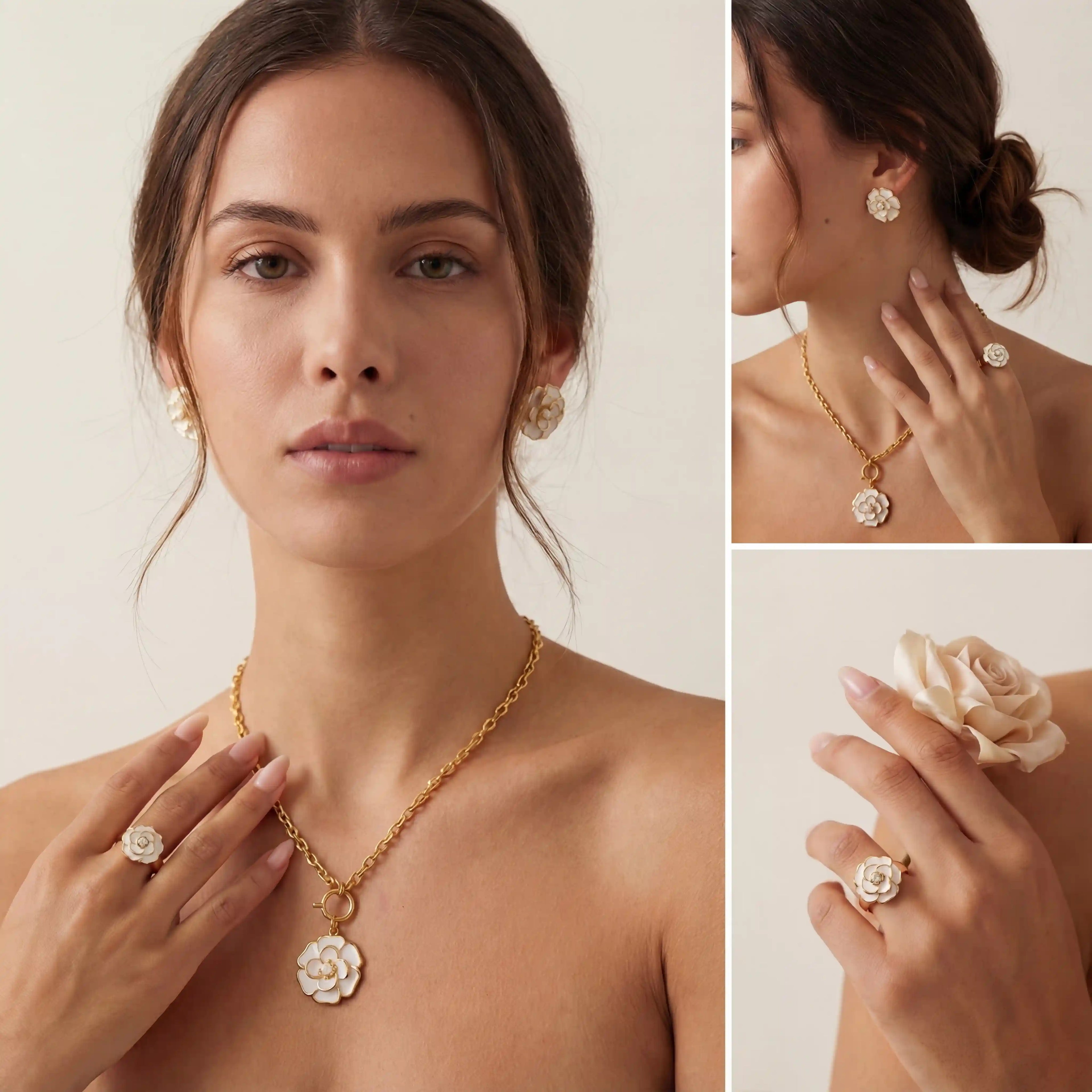 Lifestyle photography collage of woman styling white floral ring and necklace matching set.