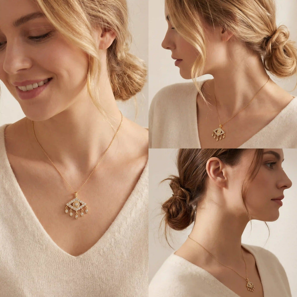 Lifestyle photography collage of blonde woman styling gold evil eye necklace boho chic.