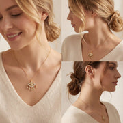Lifestyle photography collage of blonde woman styling gold evil eye necklace boho chic.
