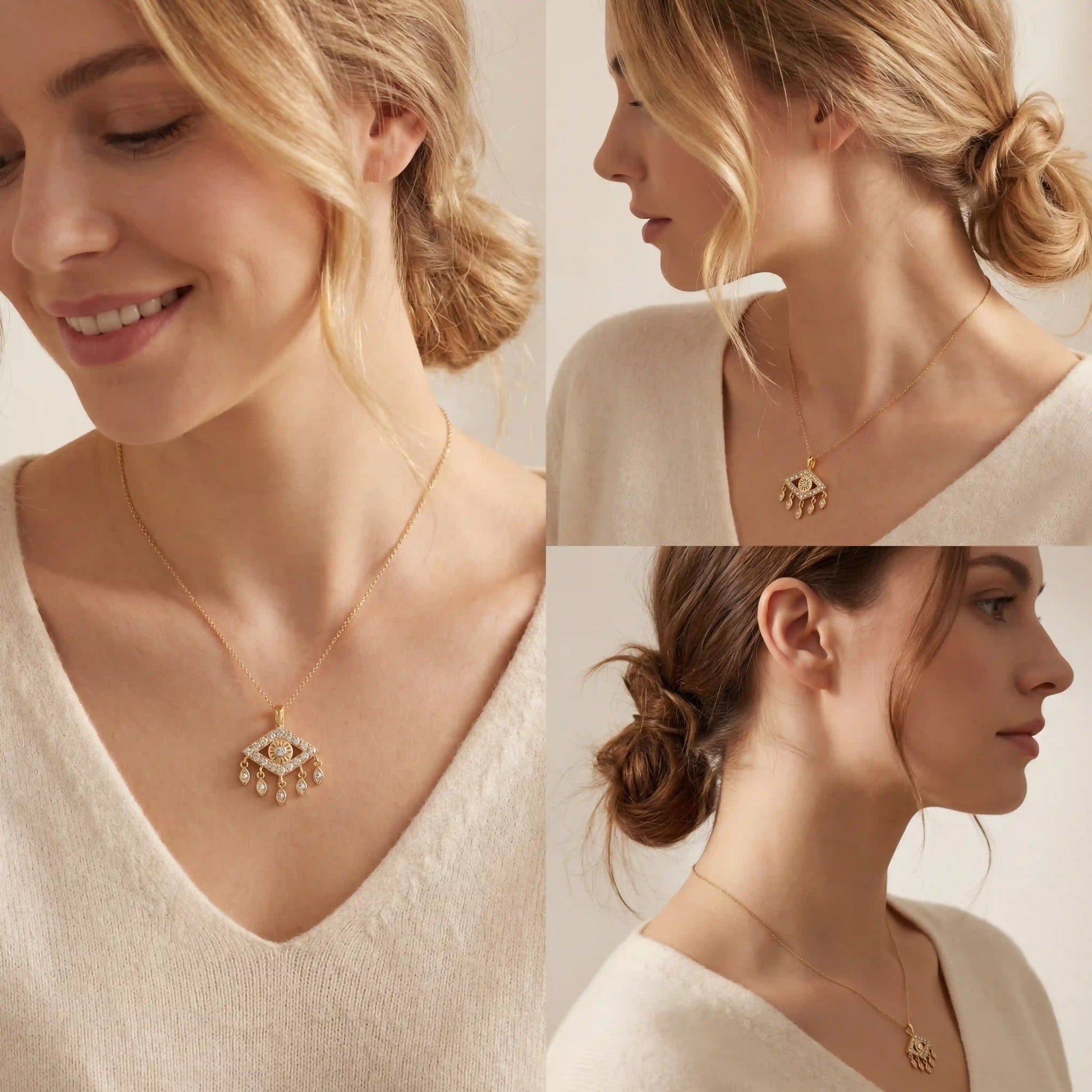 Lifestyle photography collage of blonde woman styling gold evil eye necklace boho chic.