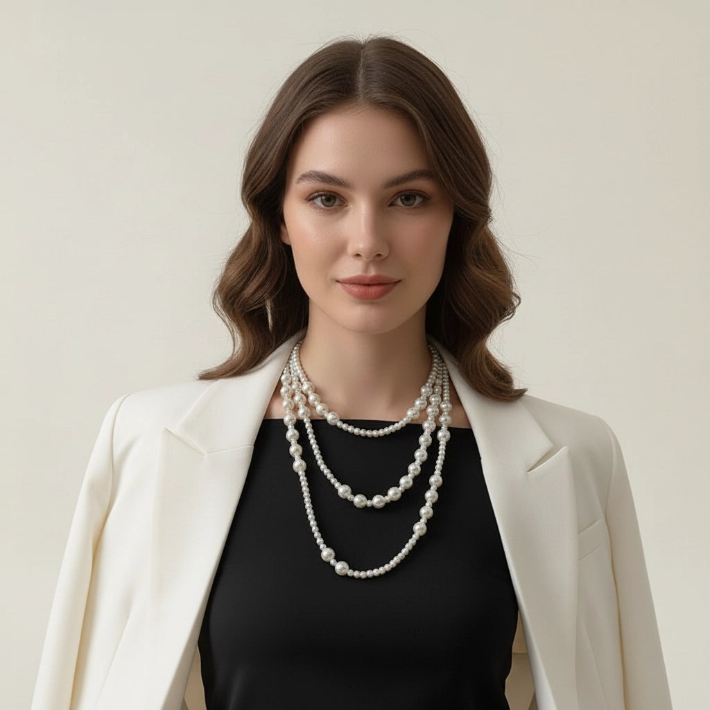 An elegant model wearing The Gabrielle Necklace layered multiple times as a statement choker with a classic blazer, embodying Parisian chic.
