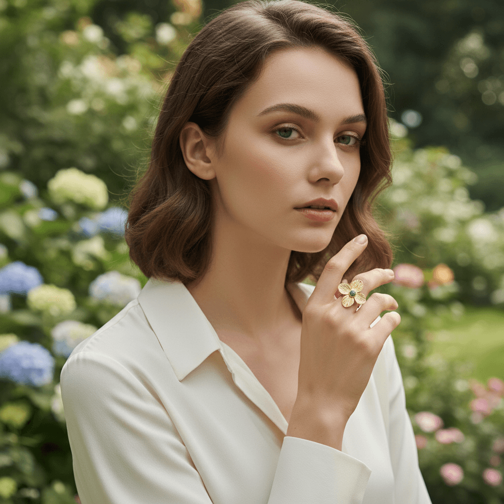 A model's hand, adorned with the bold Gaia Ring, resting on her fringed suede bag or a macramé wall hanging. This image perfectly captures the quintessential bohemian aesthetic, connecting the ring to textures of the boho lifestyle