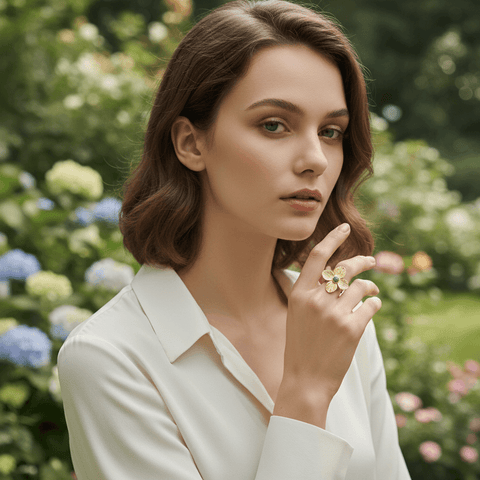 A model's hand, adorned with the bold Gaia Ring, resting on her fringed suede bag or a macramé wall hanging. This image perfectly captures the quintessential bohemian aesthetic, connecting the ring to textures of the boho lifestyle