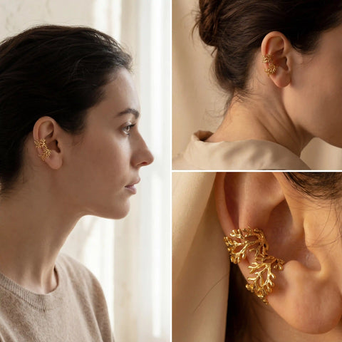 Lifestyle photography of woman styling gold ear cuffs bohemian no piercing look.