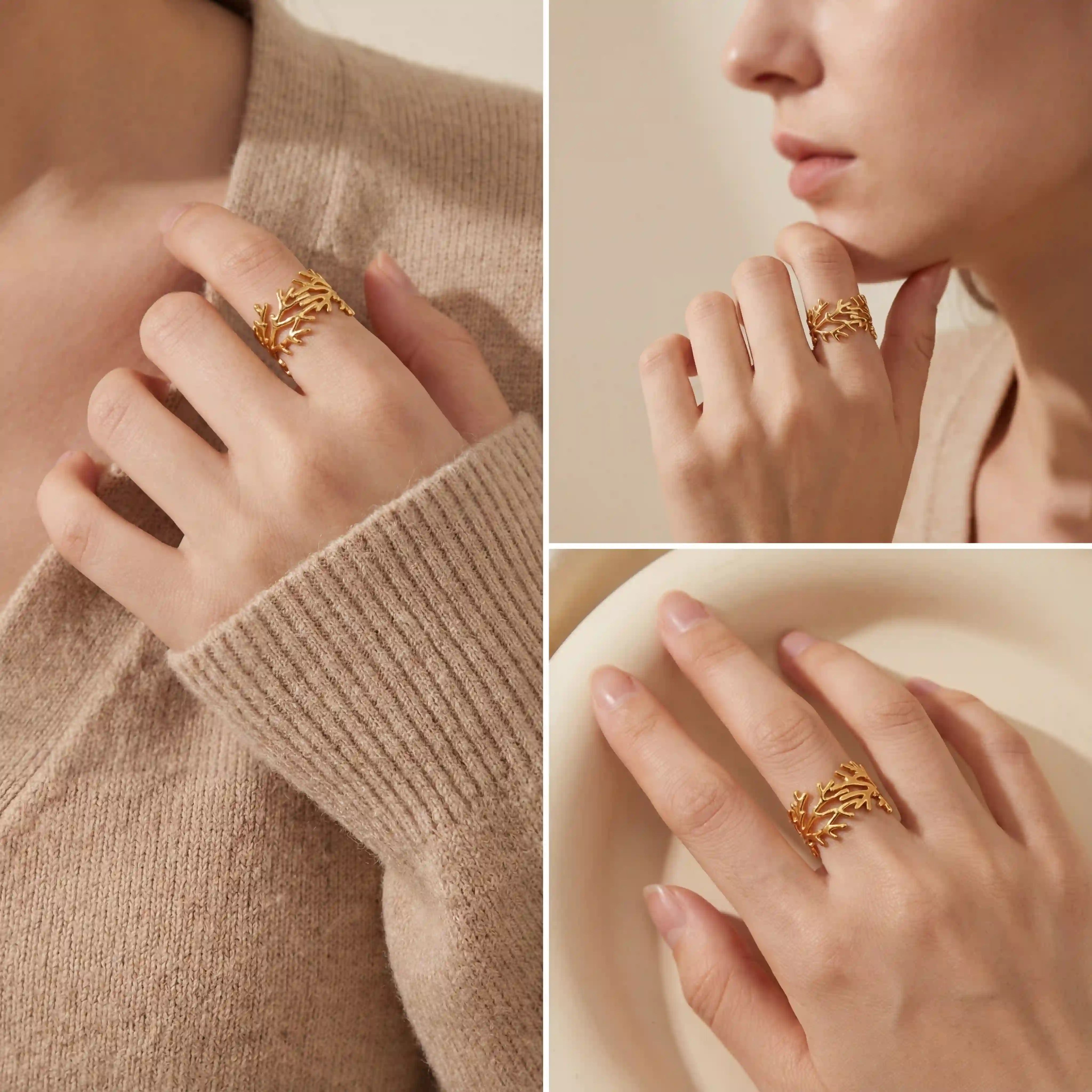 Lifestyle photography collage of woman styling gold organic ring bohemian vibe.