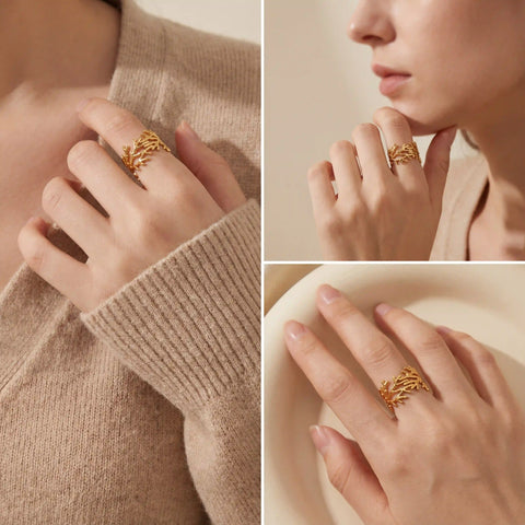 Lifestyle photography collage of woman styling gold organic ring bohemian vibe.