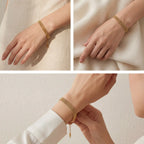 Lifestyle collage of woman styling gold flat chain bracelet office wear.