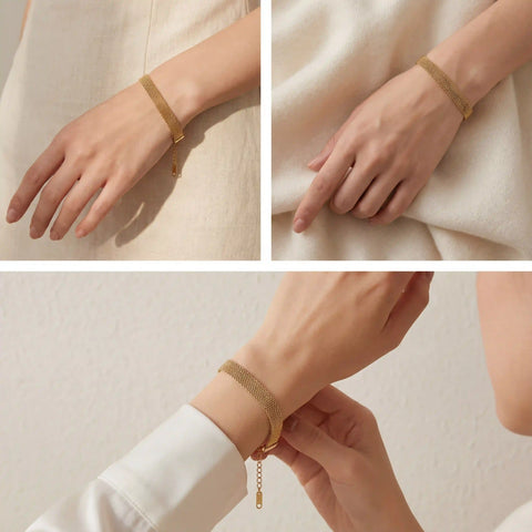 Lifestyle collage of woman styling gold flat chain bracelet office wear.
