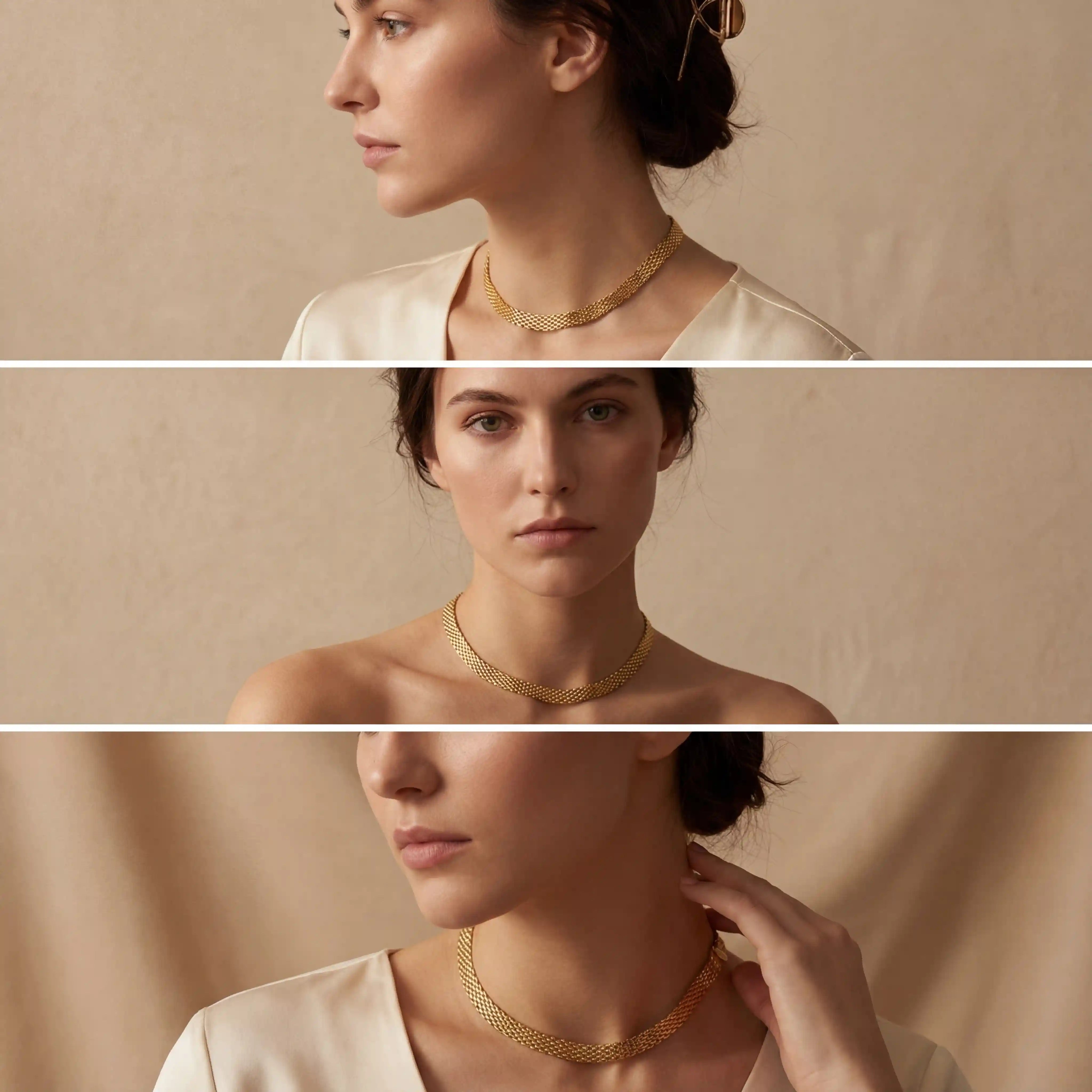 Lifestyle photography collage of gold flat chain necklace styling on woman.