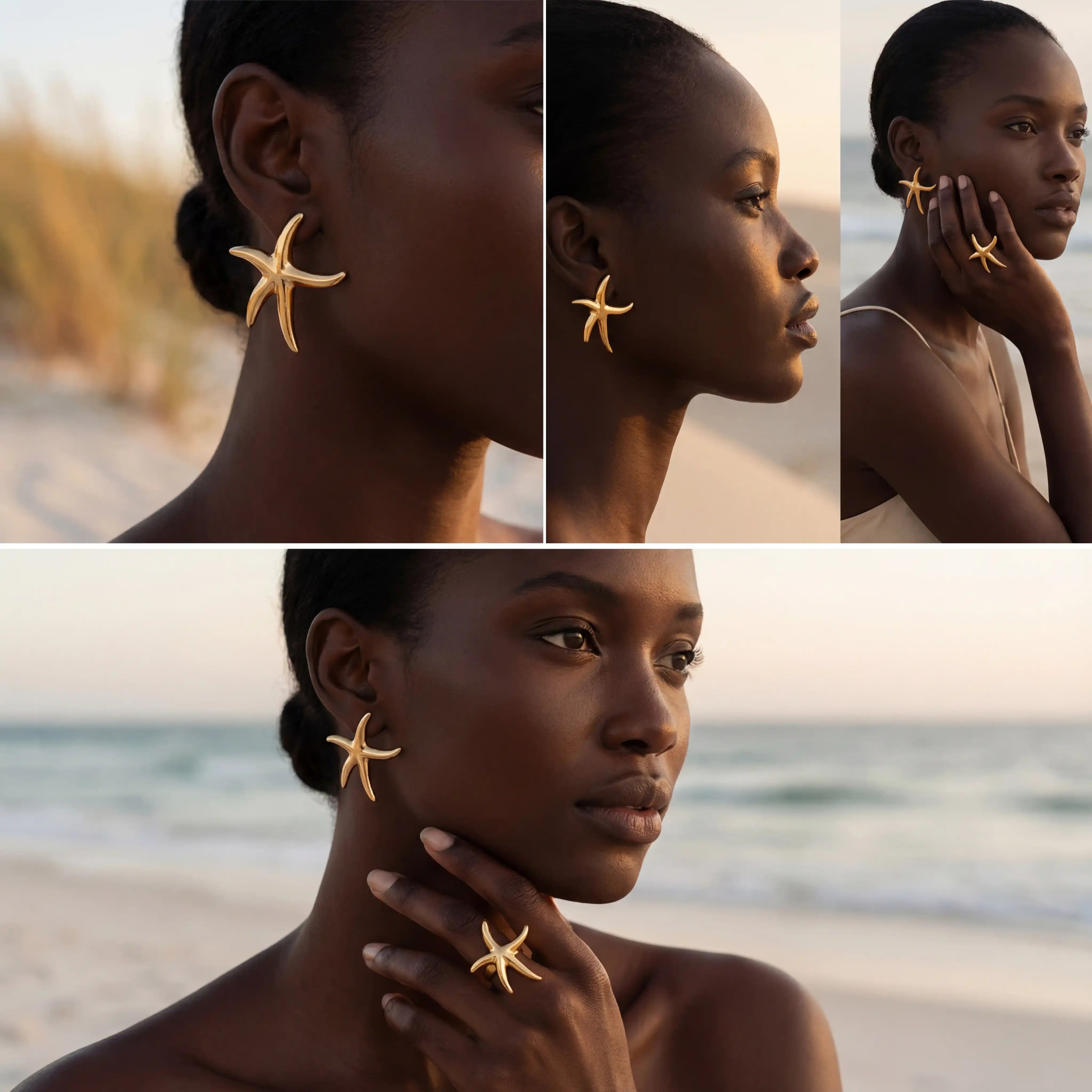 Dark skin model styling large gold starfish stud earrings summer beach fashion.