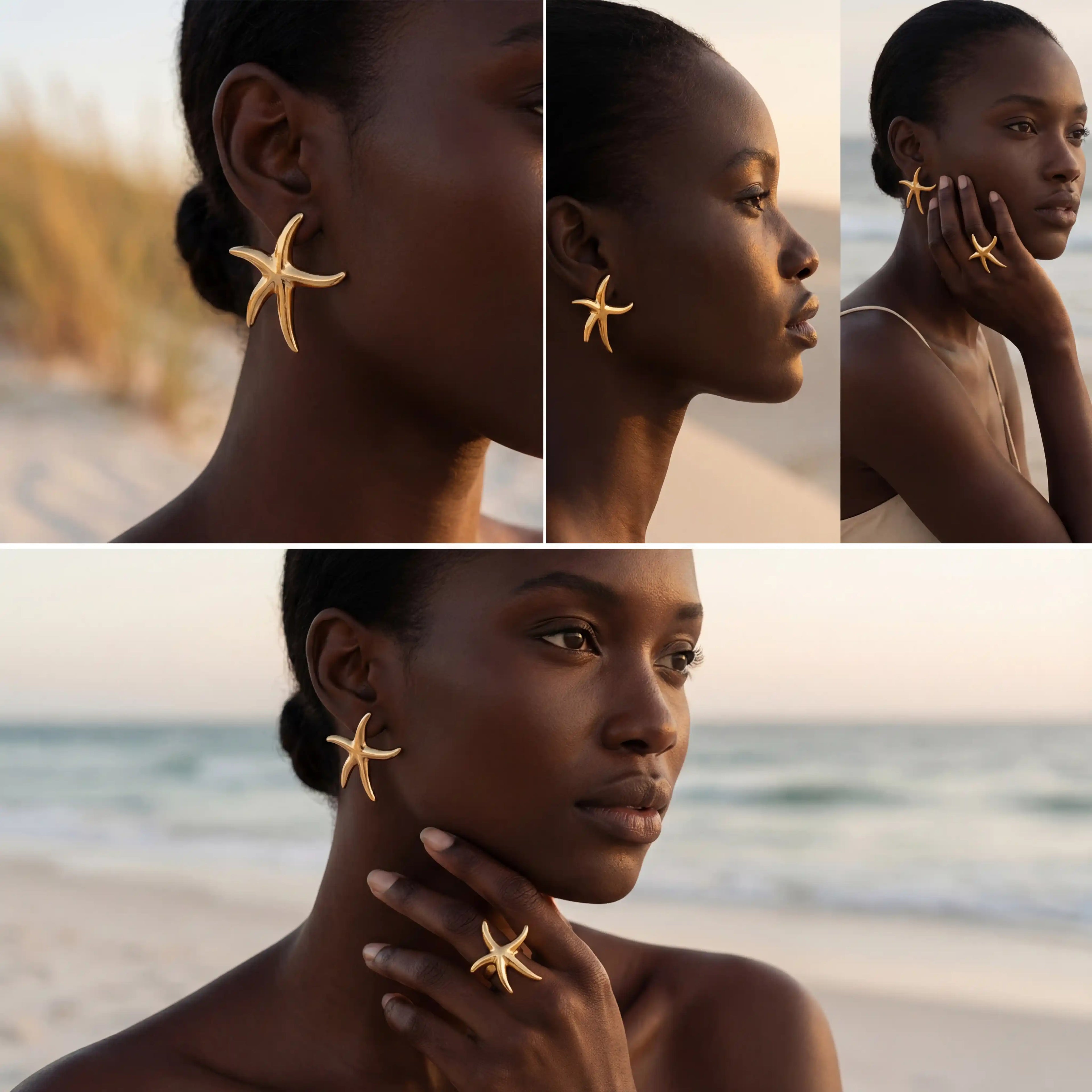 Dark skin model styling large gold starfish stud earrings summer beach fashion.