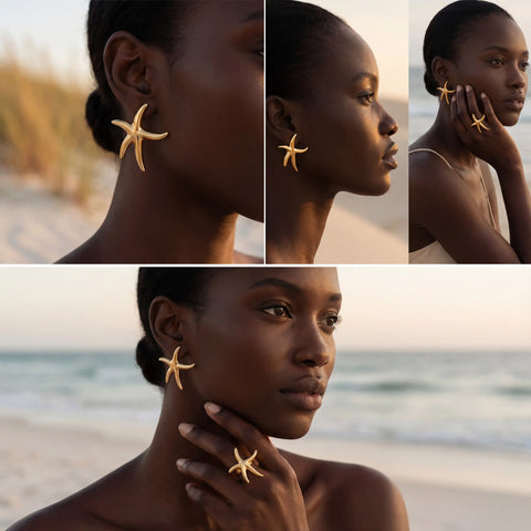 Dark skin model styling large gold starfish stud earrings summer beach fashion.