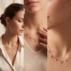 Lifestyle photography collage of woman styling dainty golden dew necklace romantic look.